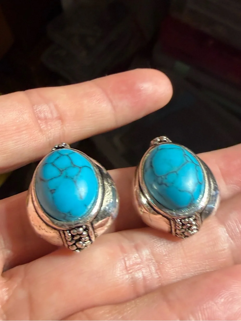 Vintage Premier Designs Turquoise-Style Oval Stone Silver-Tone Clip Earrings